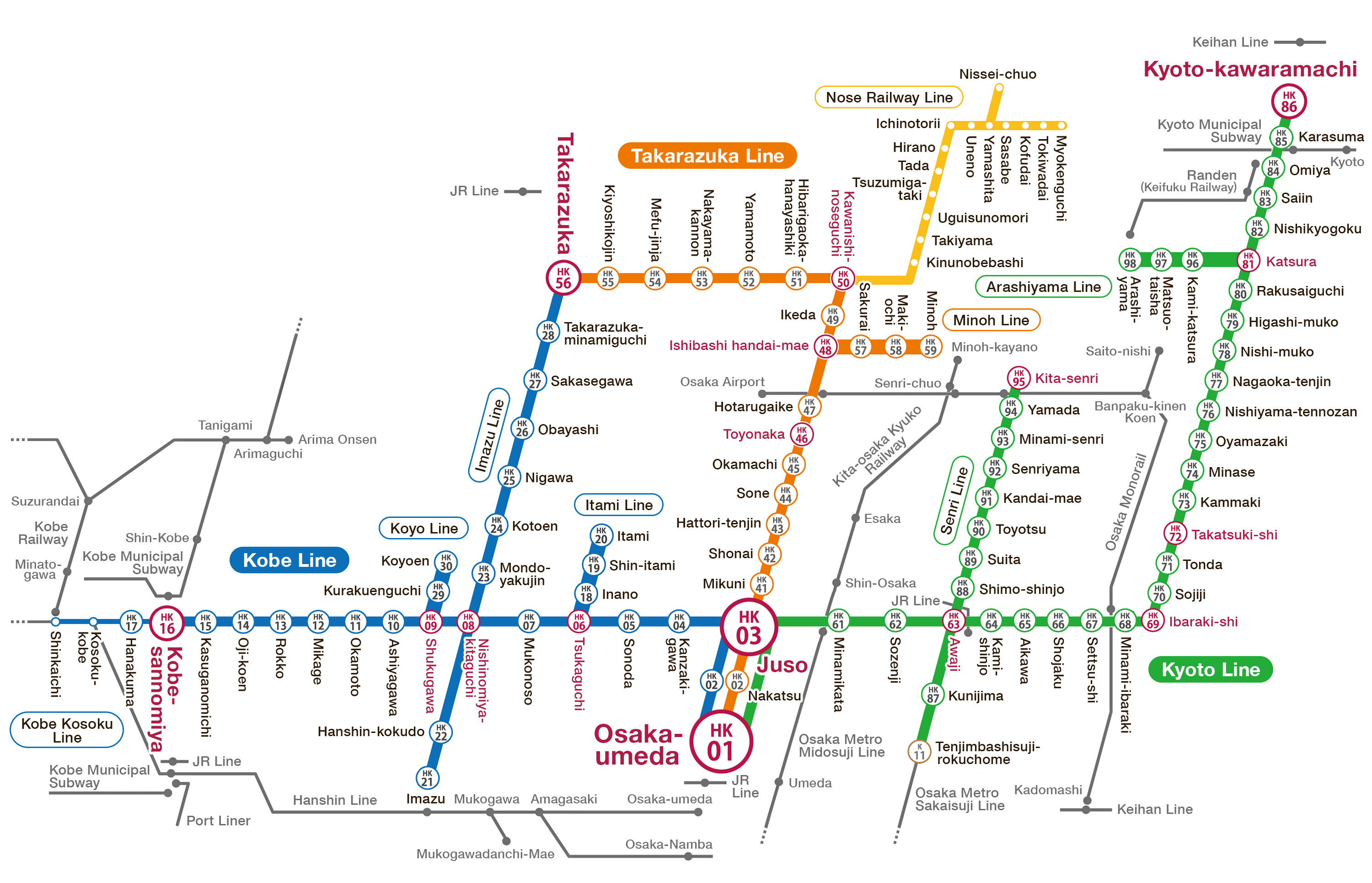阪急電鉄の路線図。
  神戸線・宝塚線・京都線で構成されており、87の駅がある。