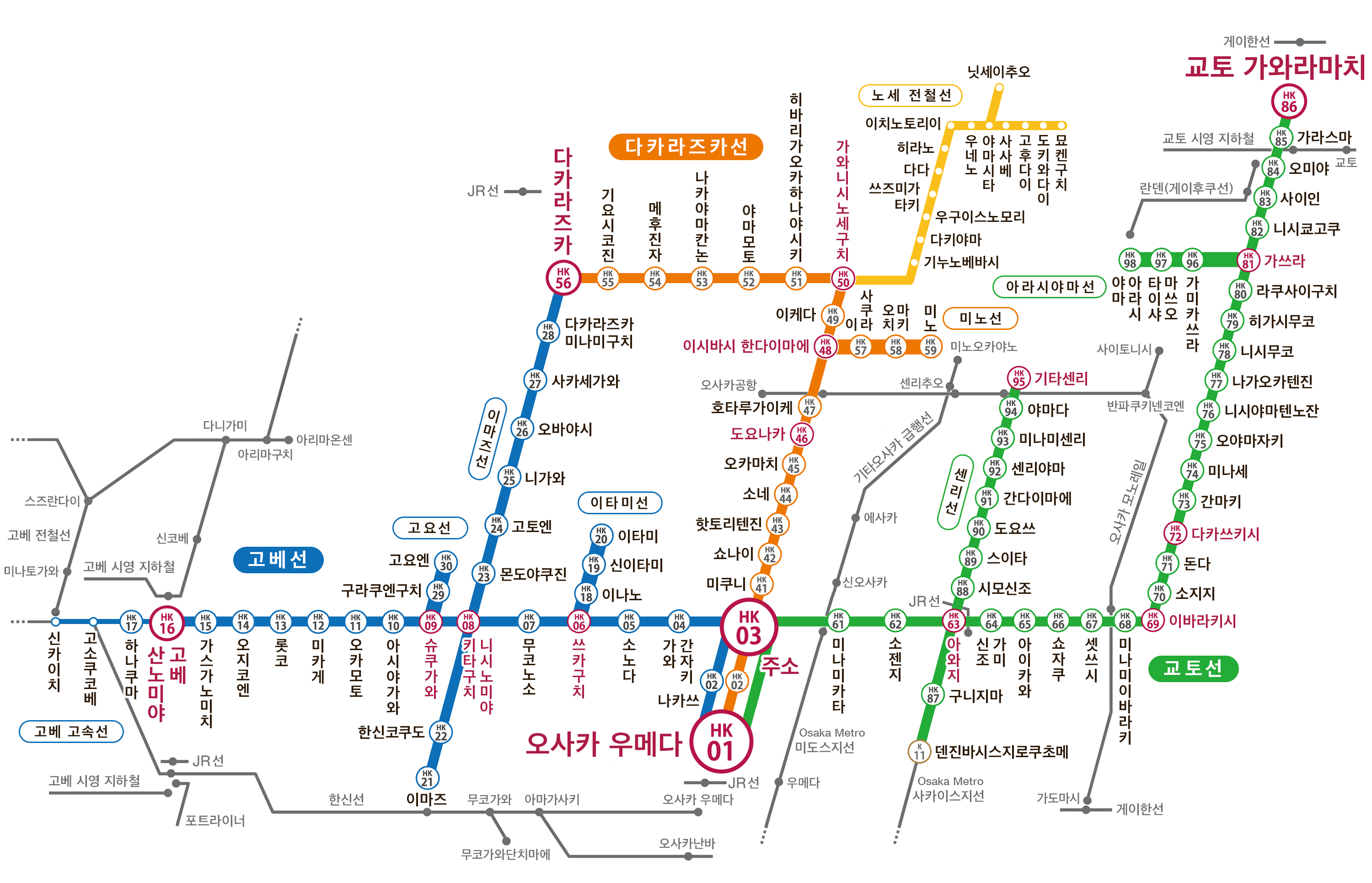 阪急電鉄の路線図。
  神戸線・宝塚線・京都線で構成されており、87の駅がある。